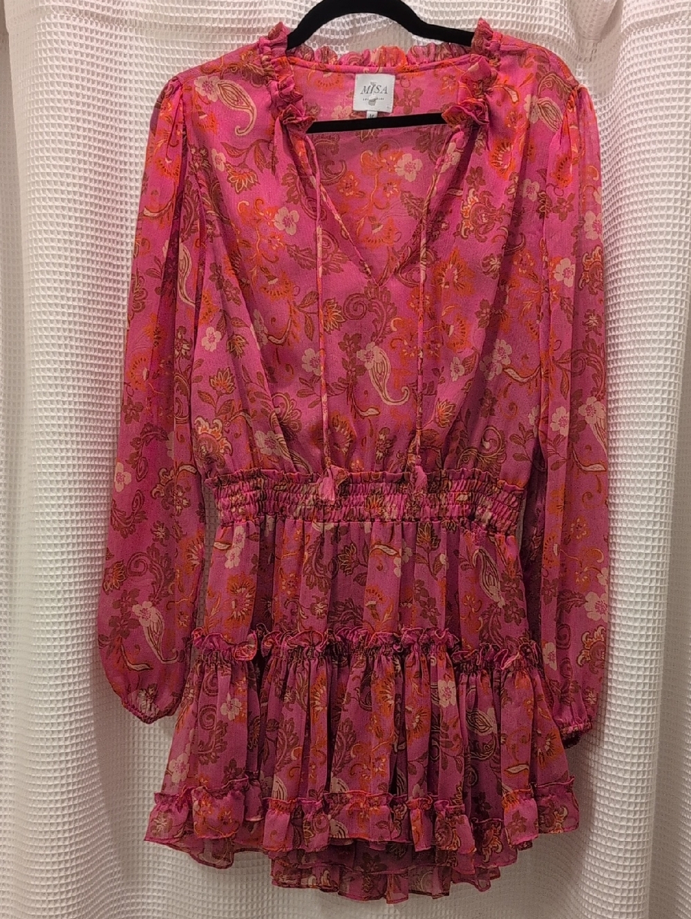 Misa Los Angeles Pink and Orange Paisley Ruffle Mini Dress